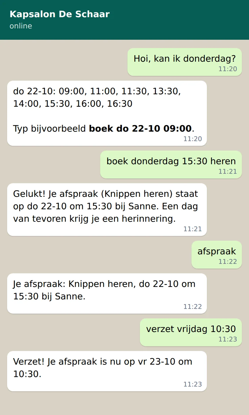 A WhatsApp conversation in which a customer asks for free times and books an appointment, with the bot's replies