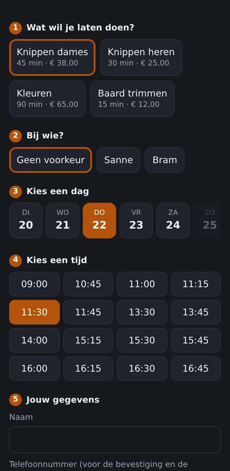 The booking widget on a phone in dark mode