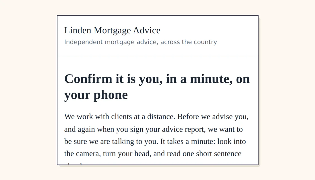 The client's page of FaceVouch: confirm it is you, in a minute, on your phone