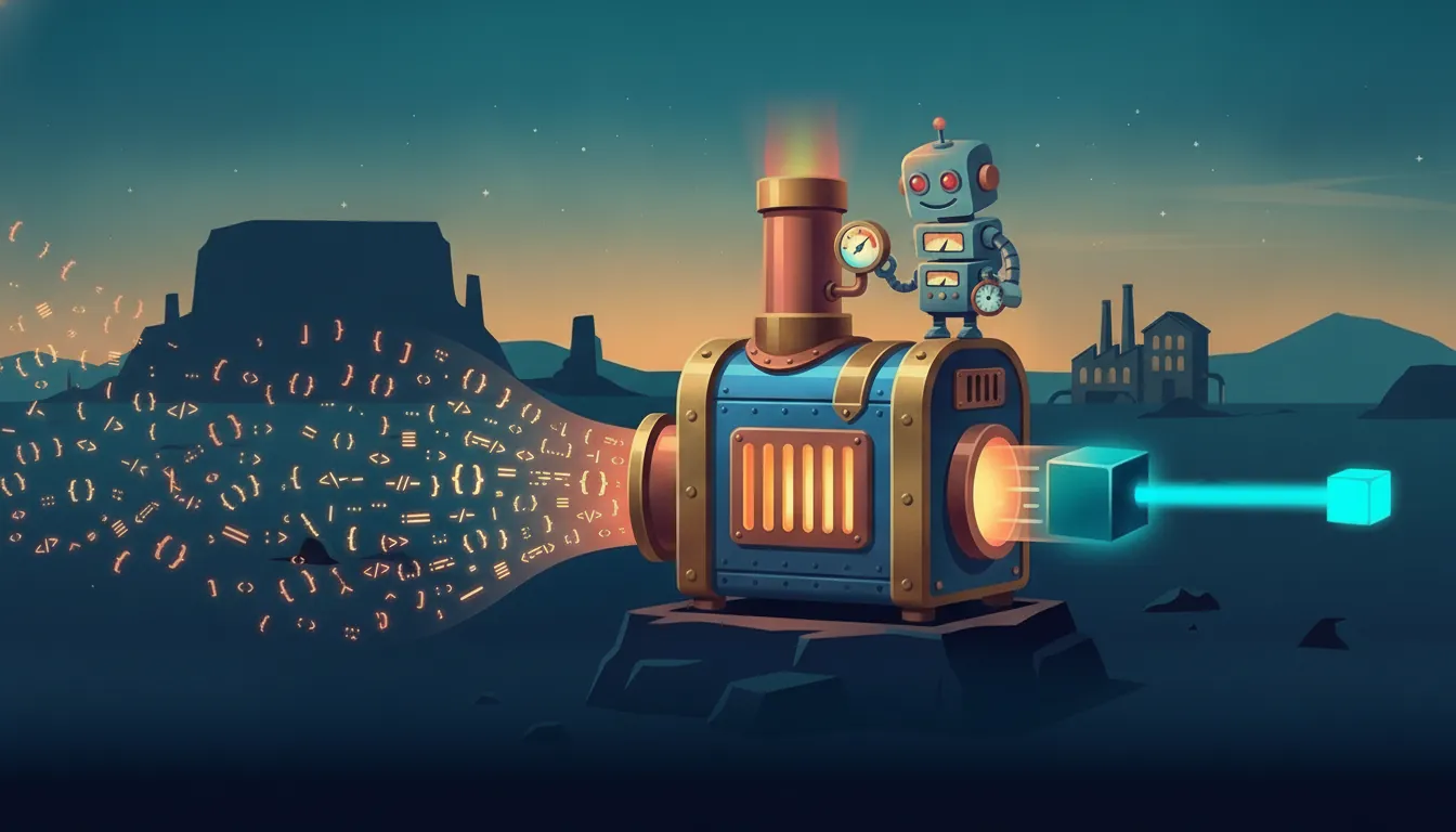 The copper compiler machine takes in glowing code and shoots out one small glowing cube, the program; a robot on top holds a gauge and a stopwatch