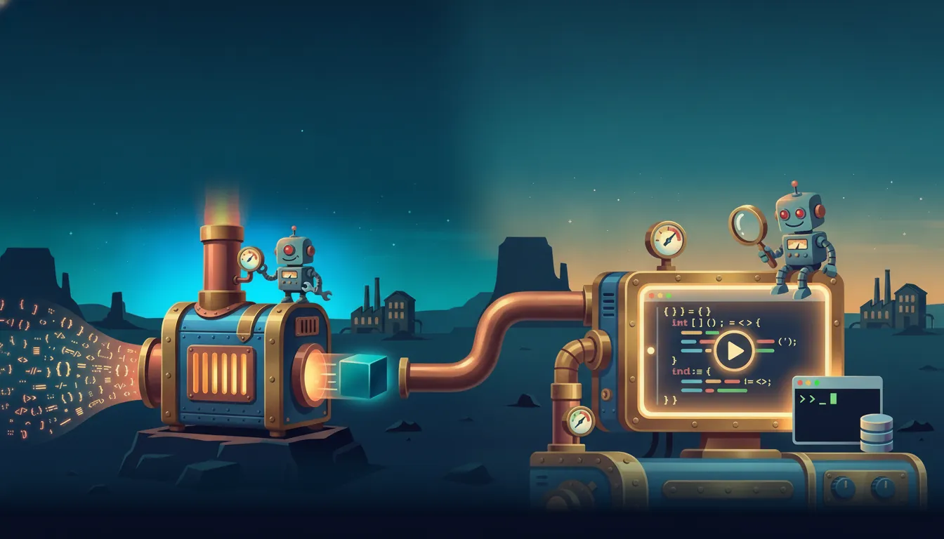 A copper compiler machine turns a stream of code into one small glowing program, connected by a pipe to a brass screen with code, a terminal and a database: the Wantzel workshop at dusk, with a small robot at work