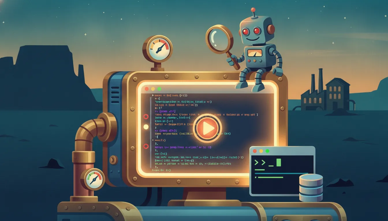 A brass-framed screen with code and a play button, a breakpoint in the margin, a terminal and a database beside it; a robot with a magnifying glass sits on top