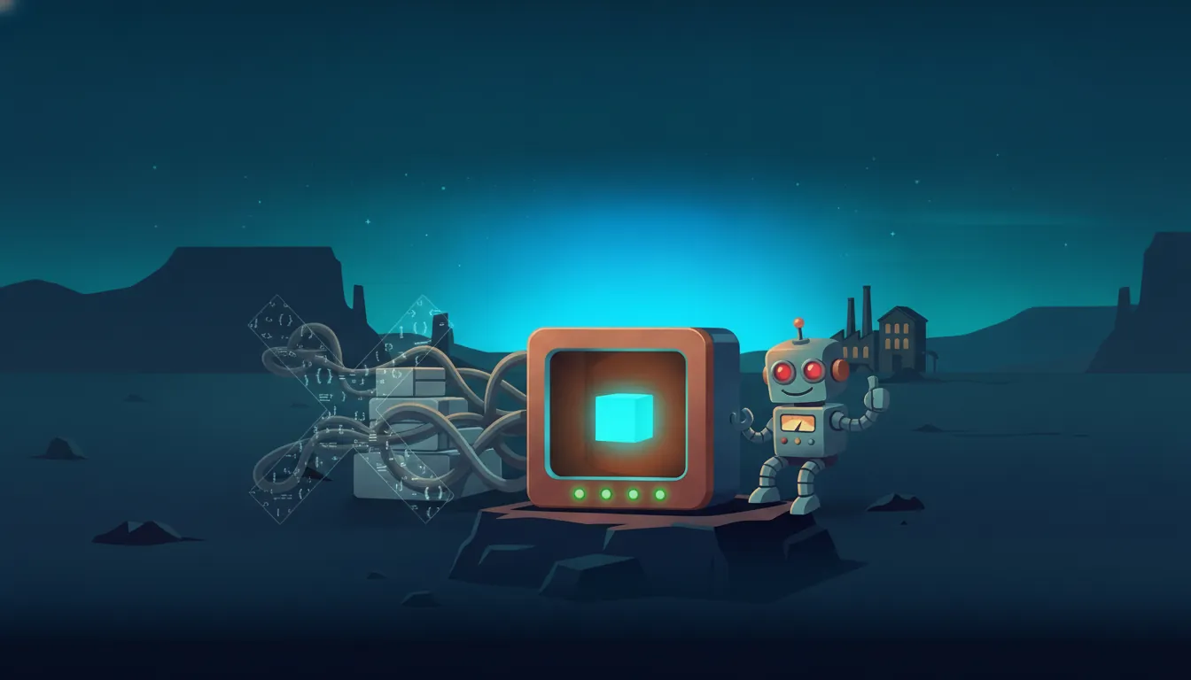 One small server box with a glowing program inside and three green lamps, and a robot giving a thumbs up