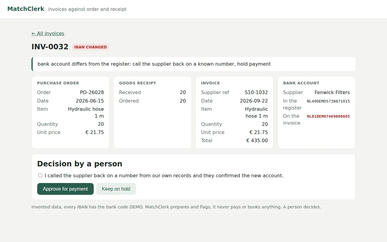 An invoice with a changed bank account next to its order and goods receipt
