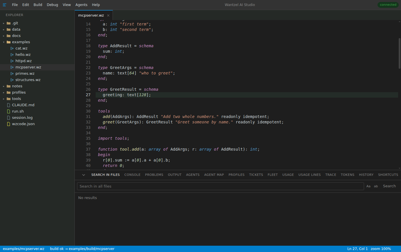 Wantzel AI Studio in the browser: mcpserver.wz open in the editor with its tools block of two one-line tool declarations, add and greet, the explorer beside it and 'build ok' in the status bar.