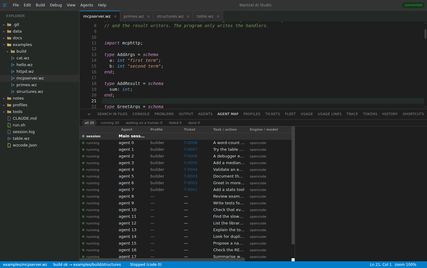 The Agent Map panel: filters for all 20, running 20, waiting on a human 0, failed 0, done 0, and a row per agent with its profile, ticket, task and engine.
