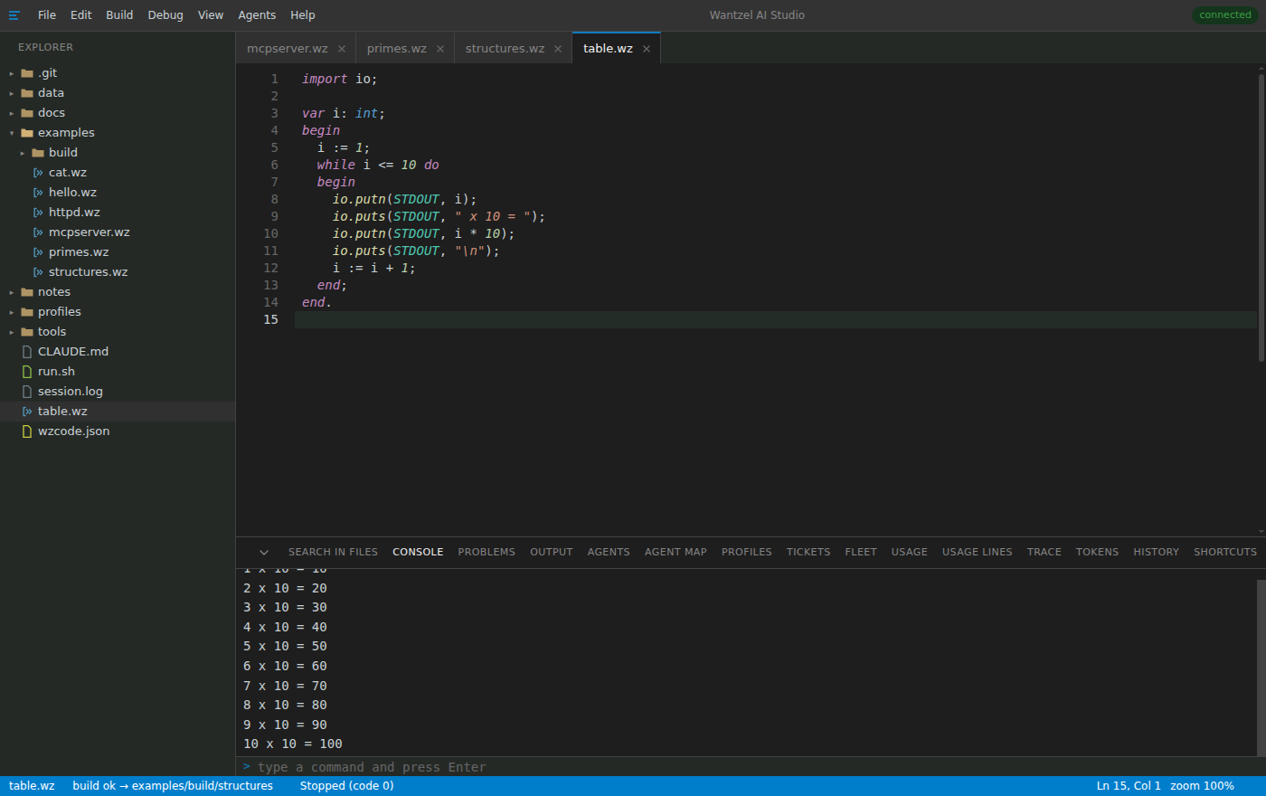 table.wz after Ctrl+Enter: the description has become a working program that prints the times table of 10, and the console below shows its output from 1 x 10 = 10 to 10 x 10 = 100.