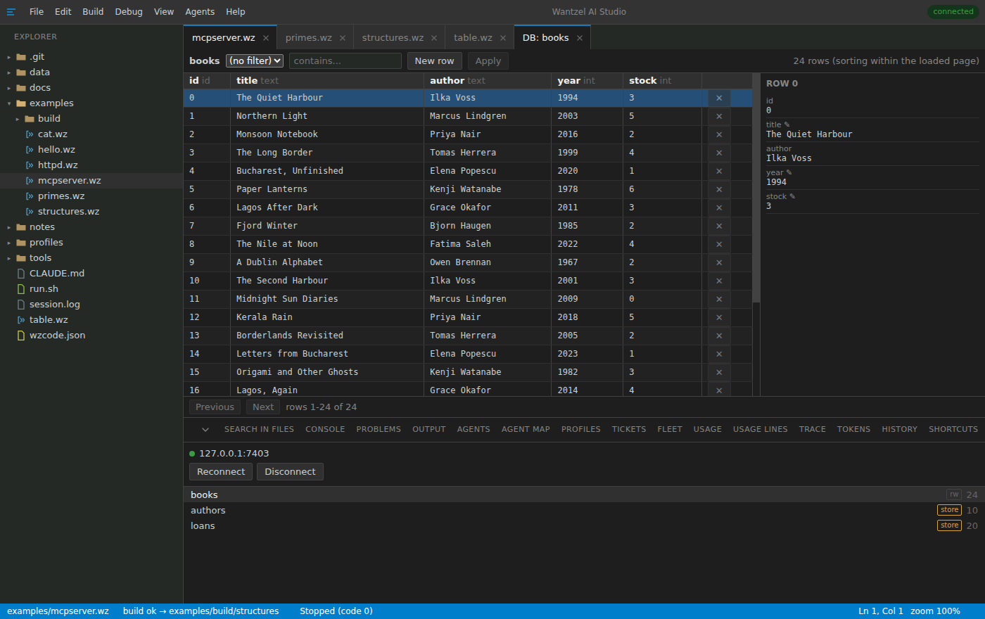 The Database panel connected to a small demo app with three tables; the books table open as a grid of 24 rows, and the first row's fields beside it with the editable ones marked.