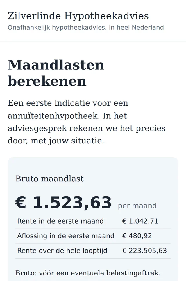 The monthly-costs calculation with the interest rate in the input field as 3.85, with a dot.