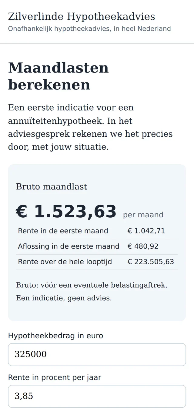 The page Calculate monthly costs: a gross monthly payment of 1,523.63 euros for 325,000 euros at 3.85 percent over 30 years, with the interest and repayment of the first month.