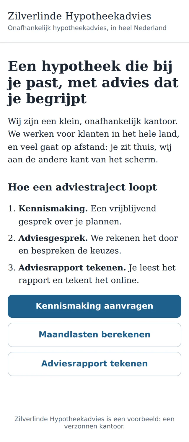 The welcome page of Zilverlinde Mortgage Advice on a phone: how an advice process runs in three steps, and the buttons Request a first meeting, Calculate monthly costs and Sign advice report.