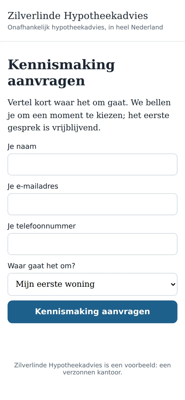 The form Request a first meeting: name, email address, phone number and what it is about.