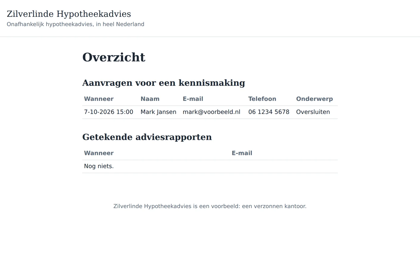 The adviser's overview in a browser: a table of requests for a first meeting with Mark Jansen, and an empty table of signed advice reports.