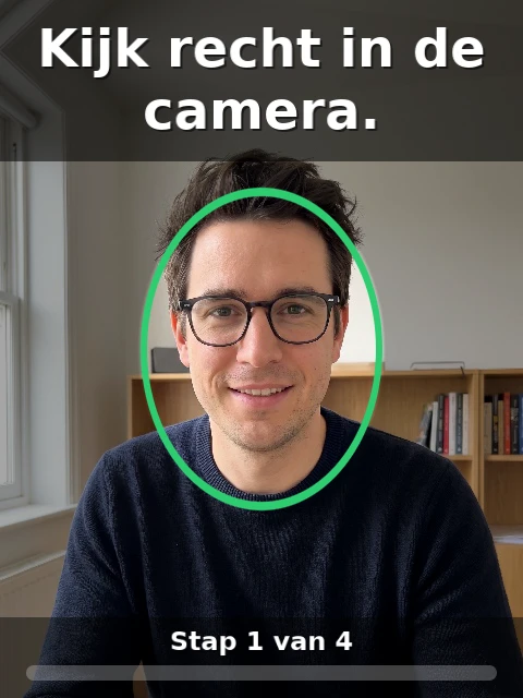 The image in the call: the person straight into the camera, a green oval around his face, at the top Look straight into the camera, at the bottom Step 1 of 4 and a bar.