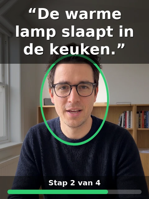 At the top, in quotation marks, the sentence The warm lamp sleeps in the kitchen; the person reads it aloud, Step 2 of 4.