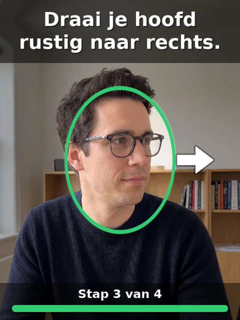 Turn your head slowly to the right: the person turns their head, a white arrow pointing right beside the oval, Step 3 of 4.