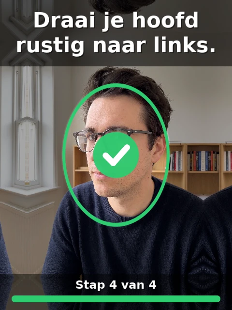The person has turned their head to the left; a green tick in the oval, Step 4 of 4.