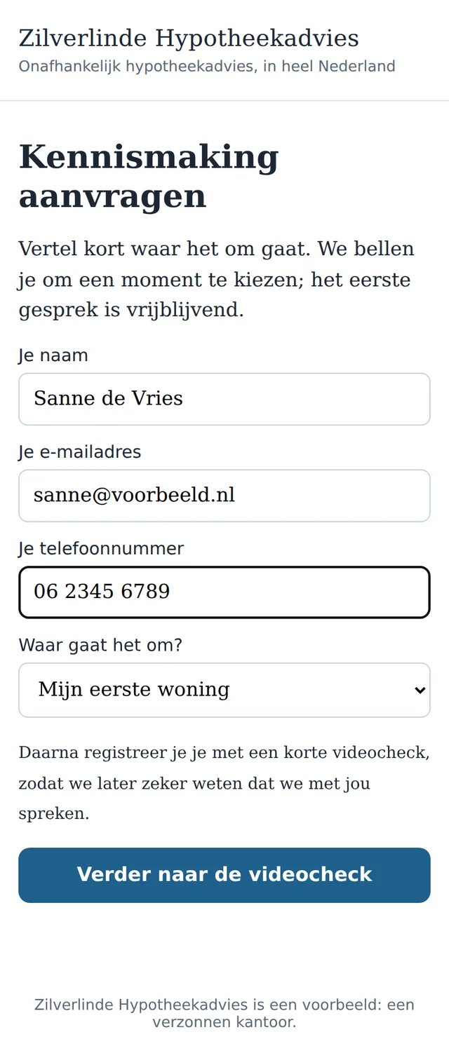 The form Request a first meeting, filled in with Sanne de Vries, her email address and phone number, and the button Continue to the video check.