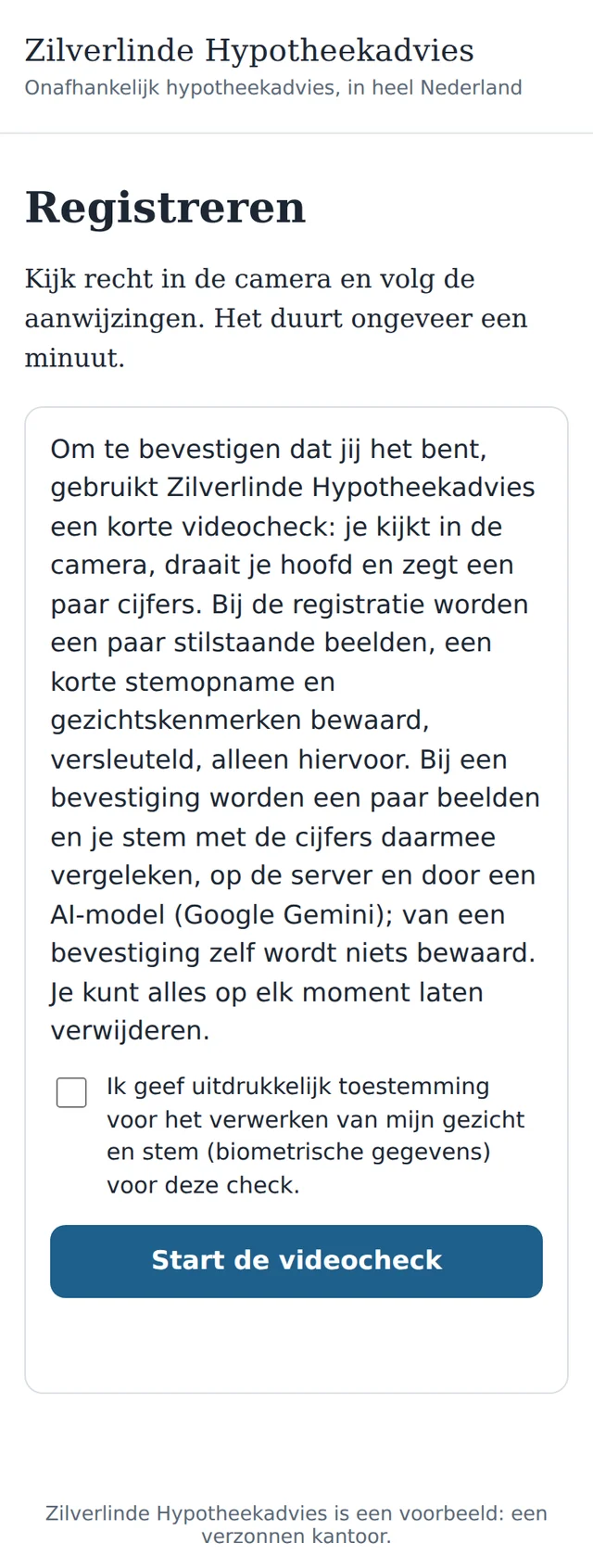 The consent screen: a short explanation of what happens to image and voice, a tick for explicit consent and the button Start the video check.