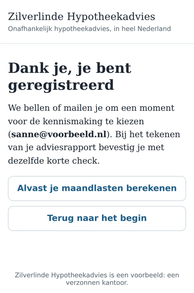 The page Thank you, you are registered, with Sanne's email address and the buttons Work out your monthly costs now and Back to the start.