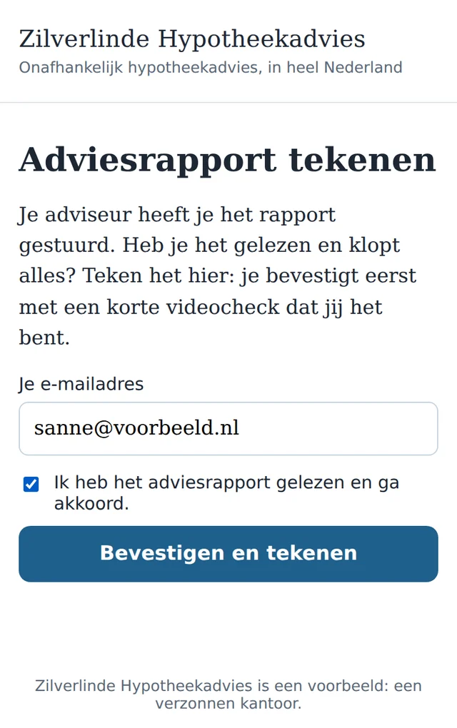 The page Sign advice report: the email address, the tick I have read the advice report and agree, and the button Confirm and sign.