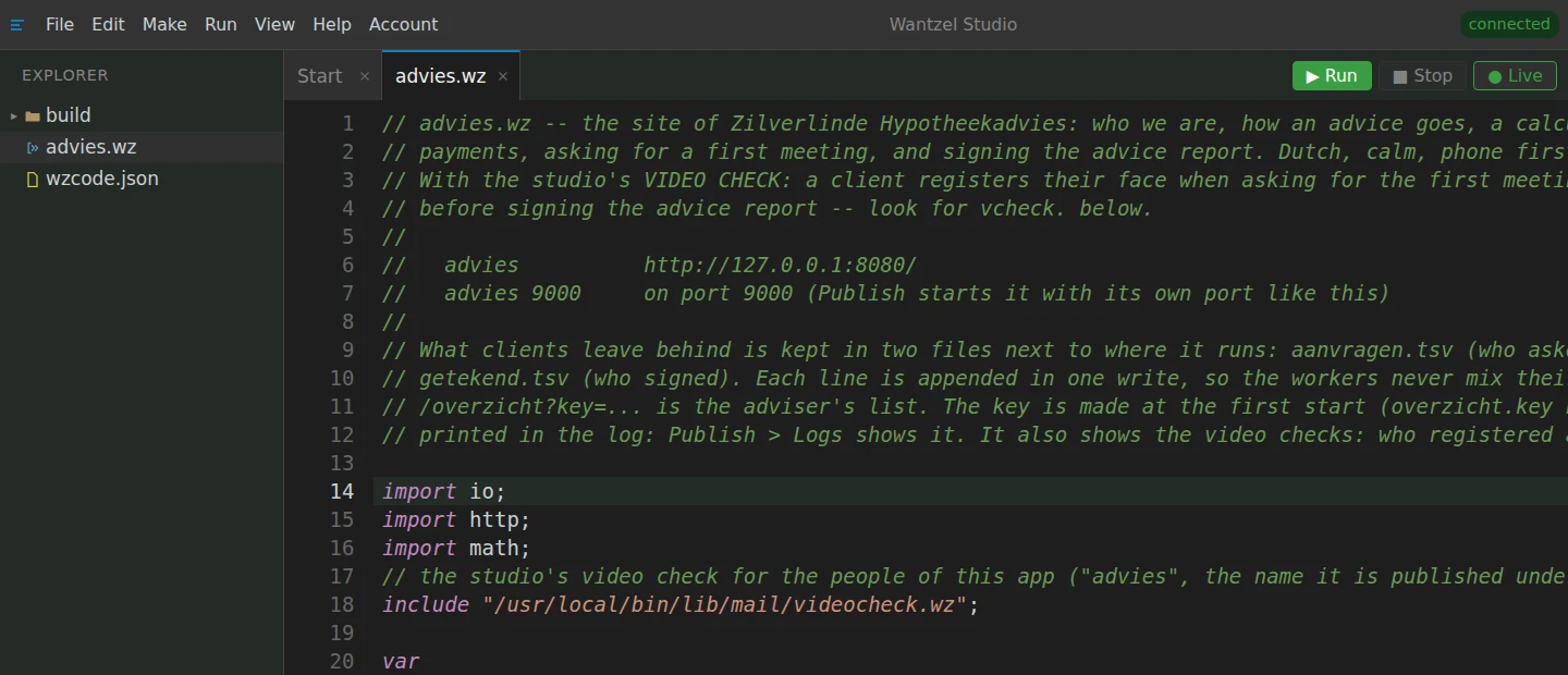 The studio's editor with advies.wz at the top: the comment lines saying clients register and confirm with the video check, and the line include /usr/local/bin/lib/mail/videocheck.wz.