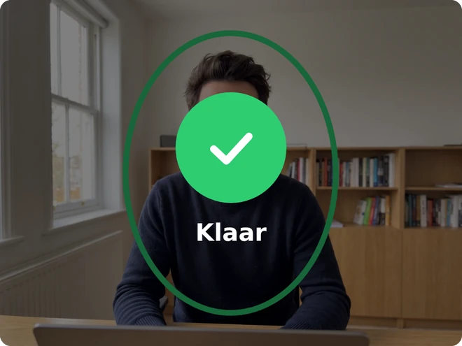The same image dimmed, with a big green tick and the word Done.